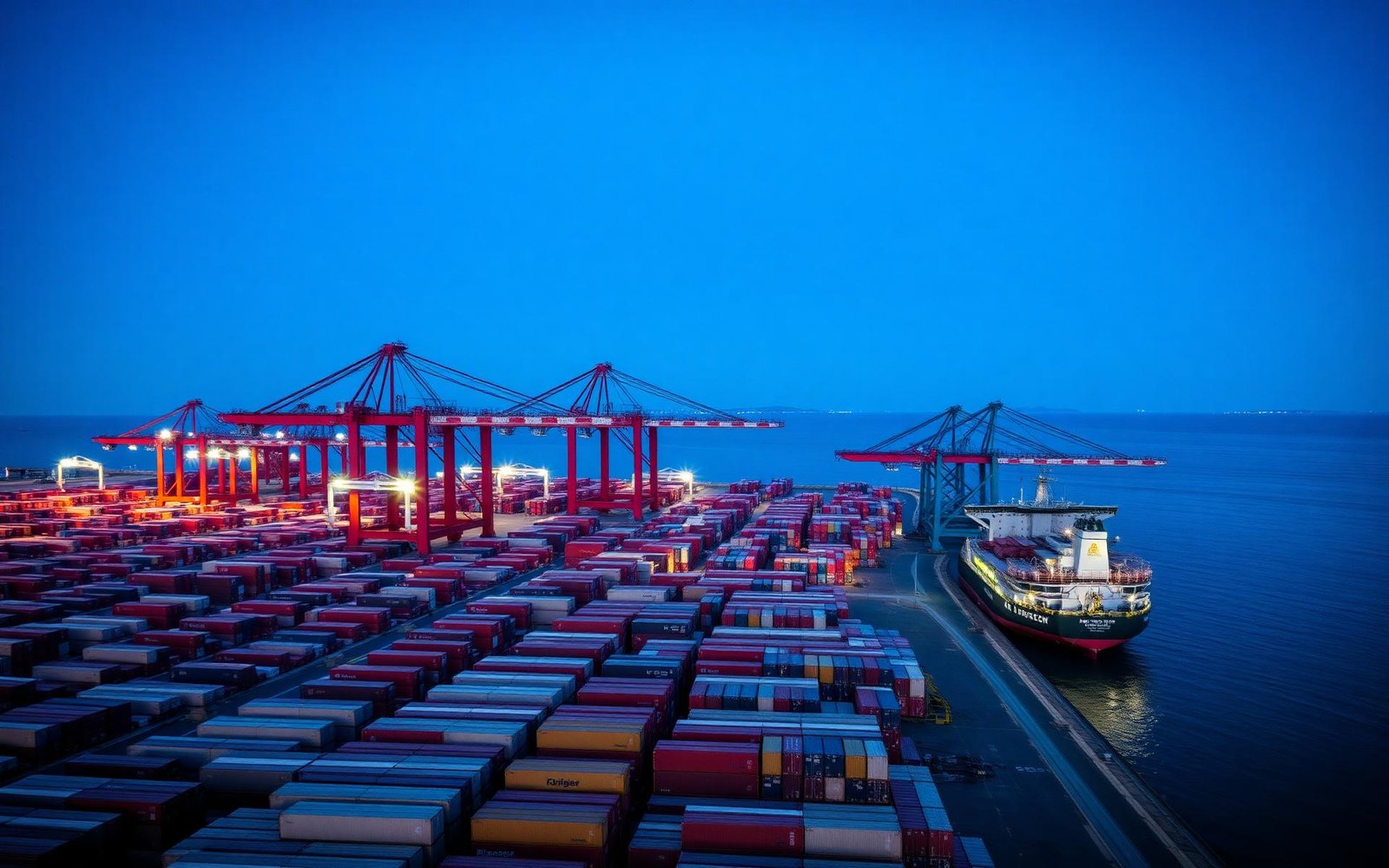 Container port at blue hour